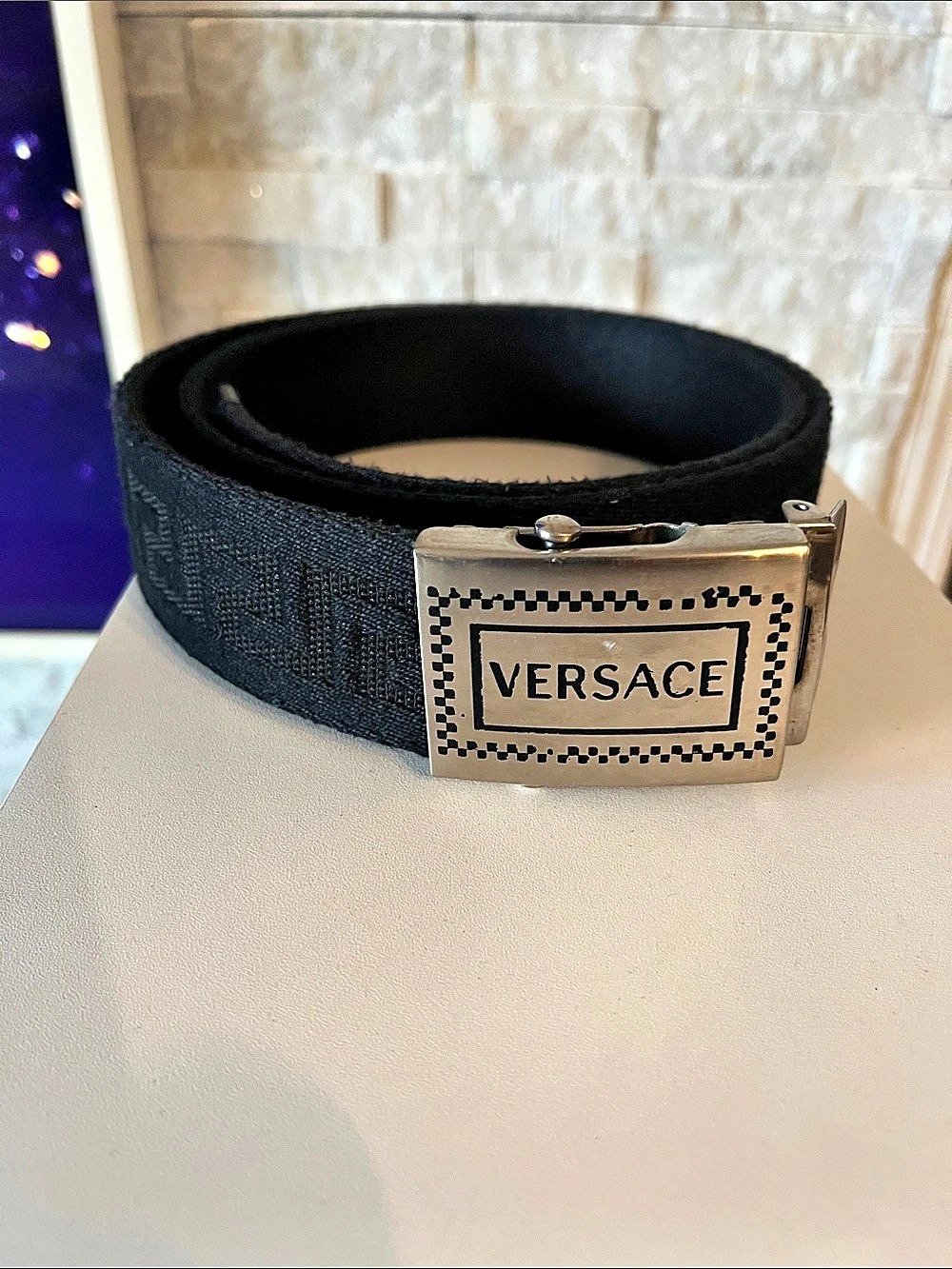 Versace Logo Buckle Canvas Web Belt Black & Silver